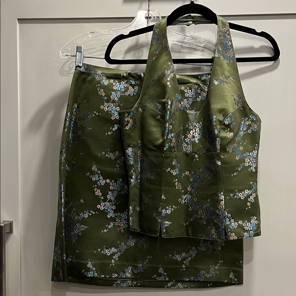 Price Roman, Toronto Designer silk blend Olive Green Floral Satin Two-Piece Set